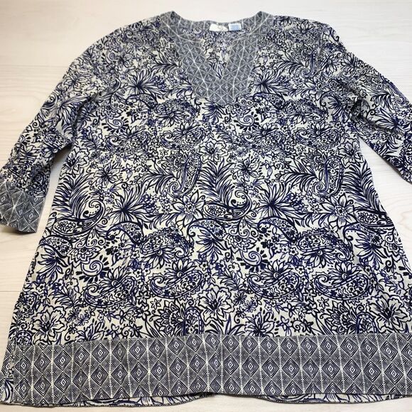 Sigrid Olson Top Medium Blue White Paisley Floral Caftan Neckline 100% Linen - Picture 1 of 6